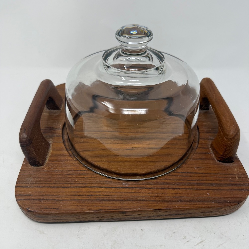 Vintage Dolphin Teakwood Cheese Board Server with Glass Dome Lid Thailand